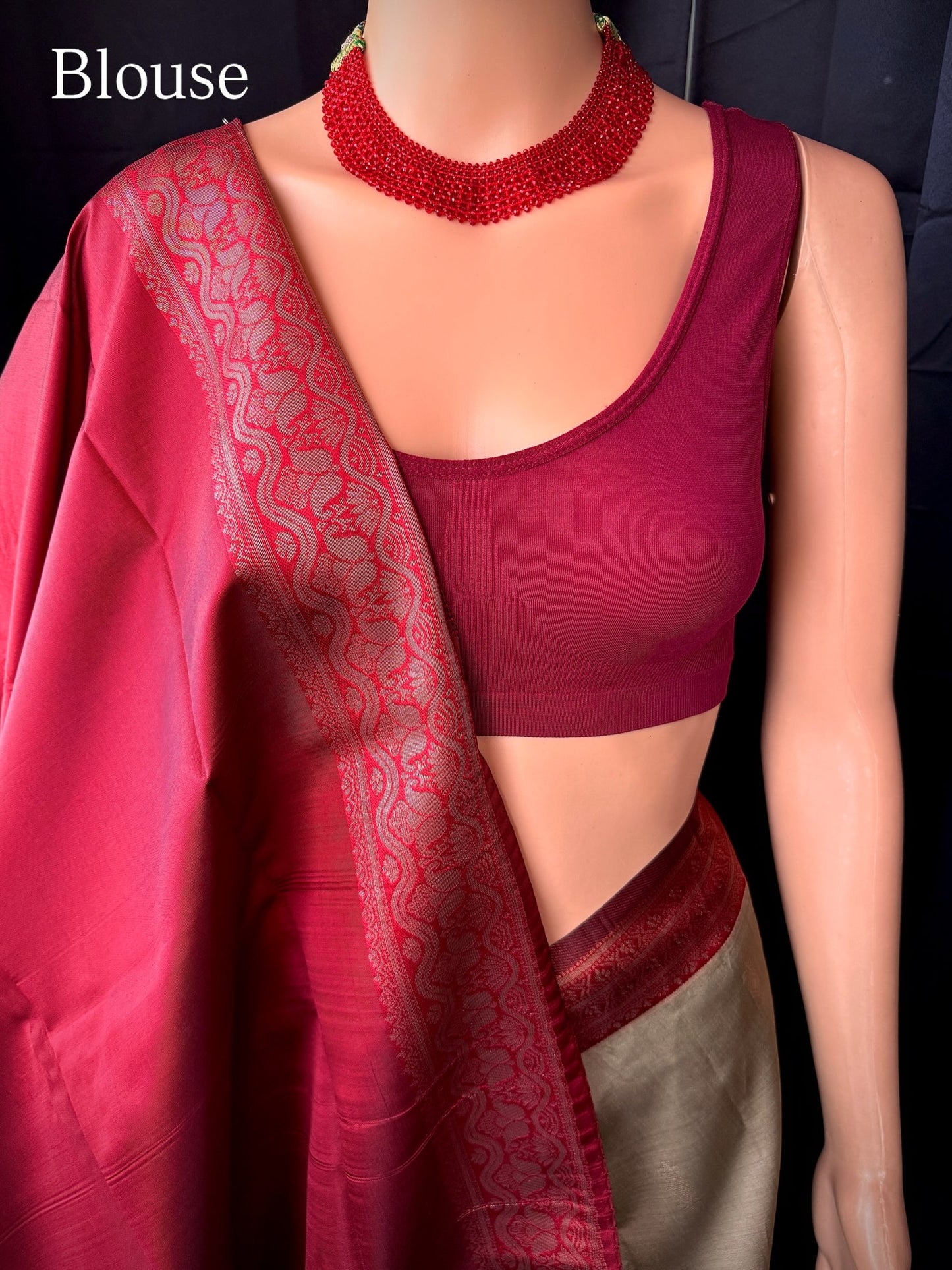 IVORY ART SILK WITH CONTRAST RED SILVER ZARI WEAVE BORDER