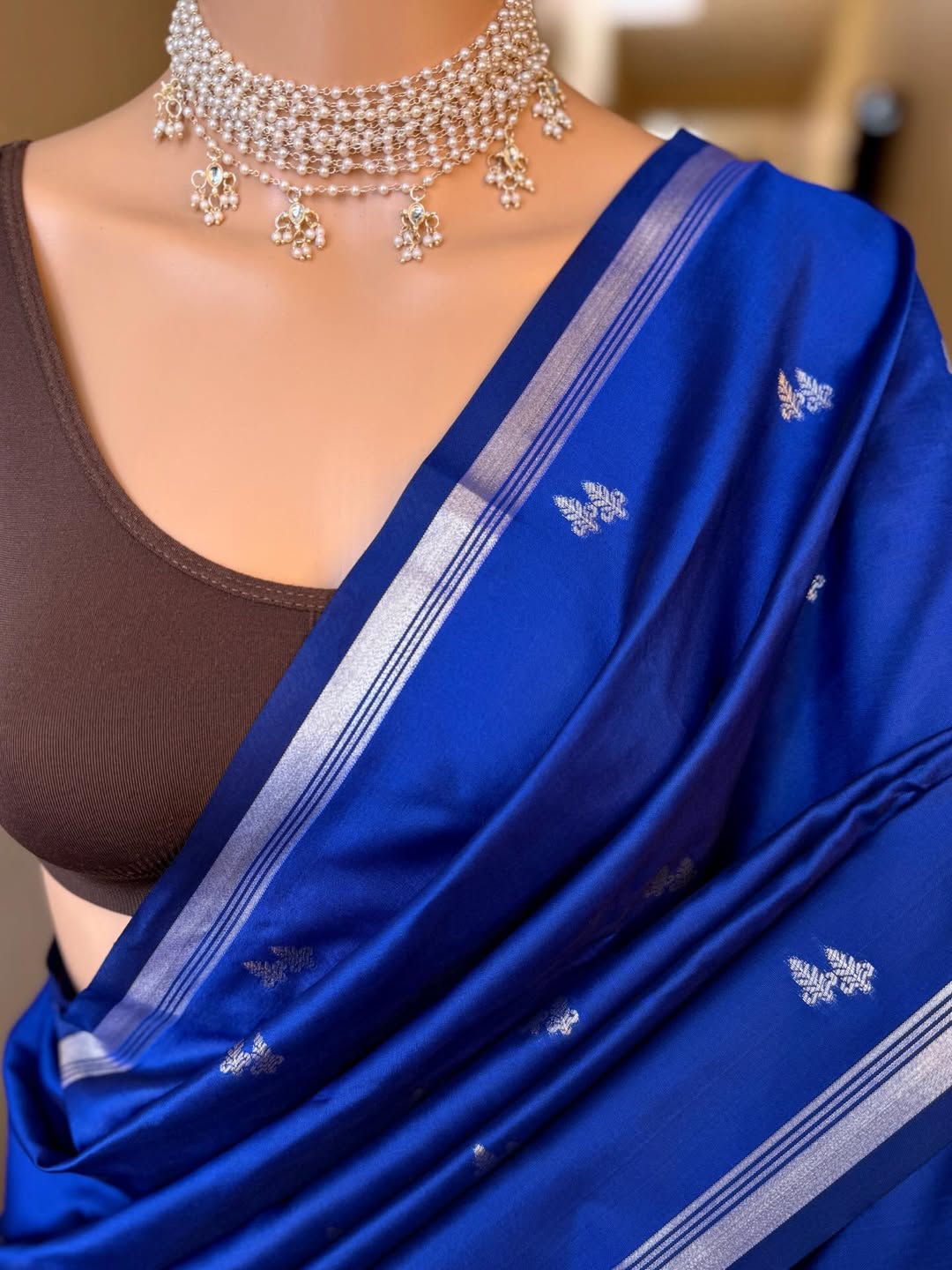 PEPSI BLUE TRADITIONAL ART SILK SAREE WITH SMALL SILVER BORDER
