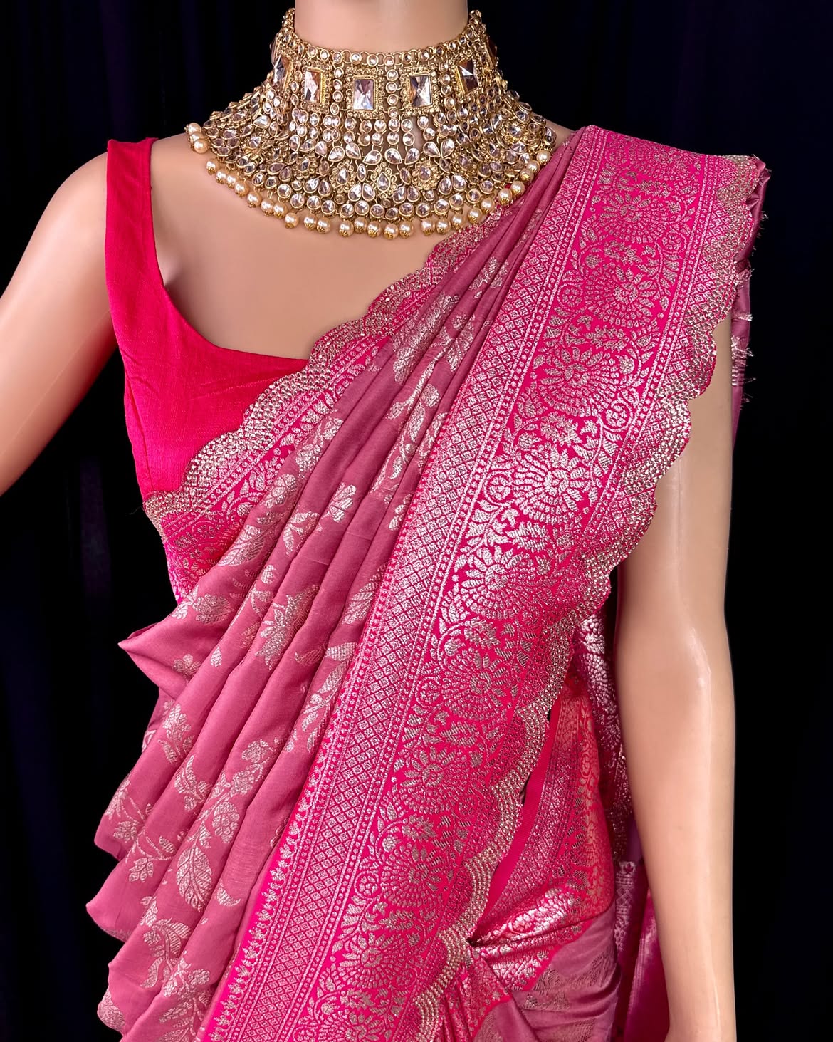 LOTUS PINK SEMI ART SILK SAREE COMES WITH GOLDEN SILVER ZARI WEAVE ALL OVER SAREE