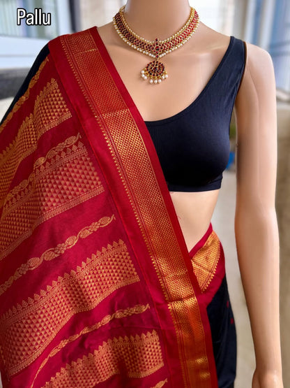 BLACK FULL BUTTA COTTON SILK SAREE COMES WITH RED BORDER