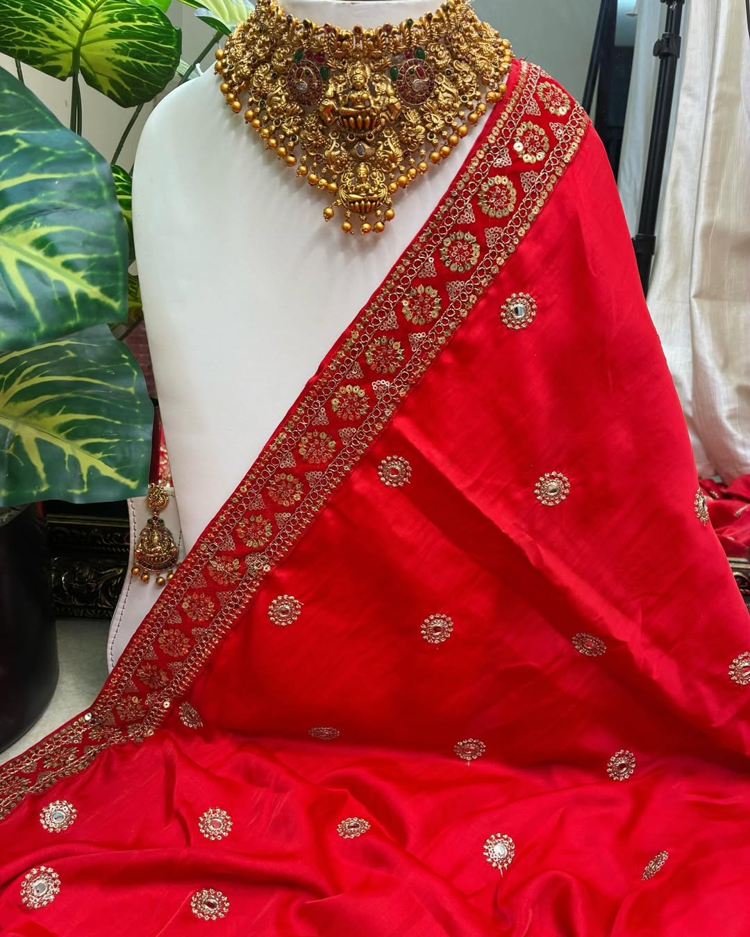 Red Malai Silk With Sequence Lace