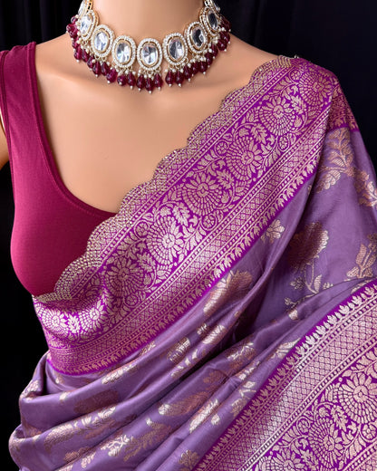 LAVENDER SEMI ART SILK SAREE COMES WITH GOLDEN SILVER ZARI WEAVE BORDER