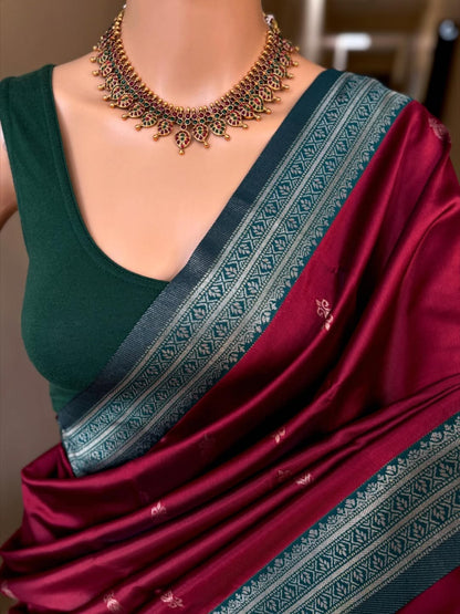 REDDISH MAROON ART SILK SAREE WITH CONTRAST TEAL BLUE SILVER ZARI WEAVE BORDER