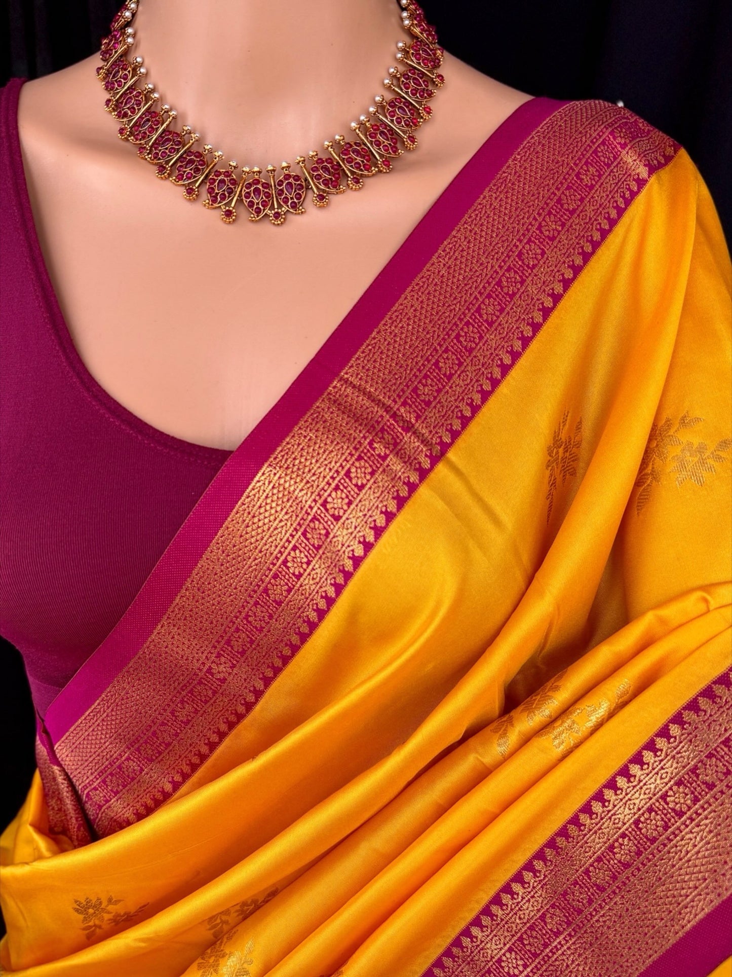 YELLOW SOFT ART SILK SAREE WITH CONTRAST RANI PINK ZARI WEAVE BORDER