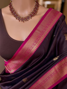 CHOCOLATE BROWN SOFT ART SILK SAREE WITH PINK ZARI BORDER