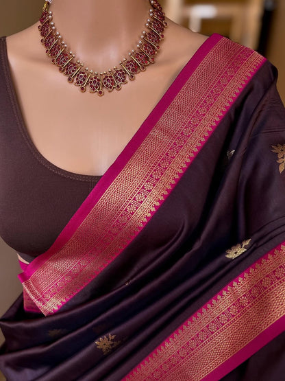 CHOCOLATE BROWN SOFT ART SILK SAREE WITH PINK ZARI BORDER