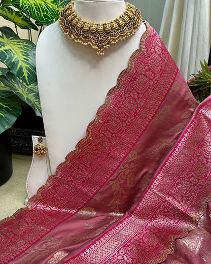 ONION PINK ART SILK SAREE WITH GOLDEN FLORAL BORDER