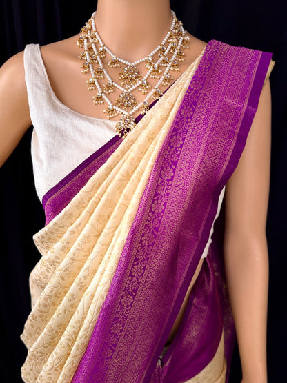 OFF WHITE SILK SAREE WITH CONTRAST MAGENTA ZARI WEAVE BORDER