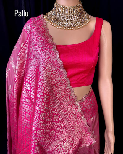 LOTUS PINK SEMI ART SILK SAREE COMES WITH GOLDEN SILVER ZARI WEAVE ALL OVER SAREE
