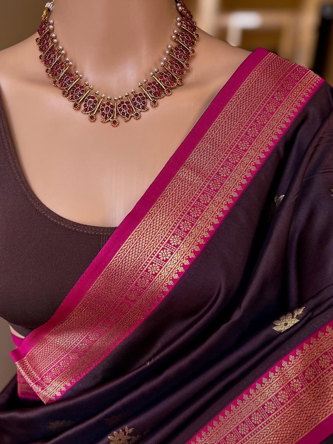 CHOCOLATE BROWN SOFT ART SILK SAREE WITH PINK ZARI BORDER