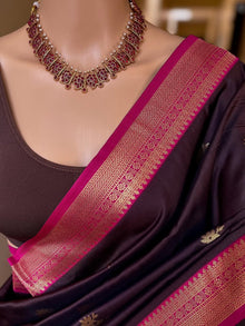 CHOCOLATE BROWN SOFT ART SILK SAREE WITH PINK ZARI BORDER