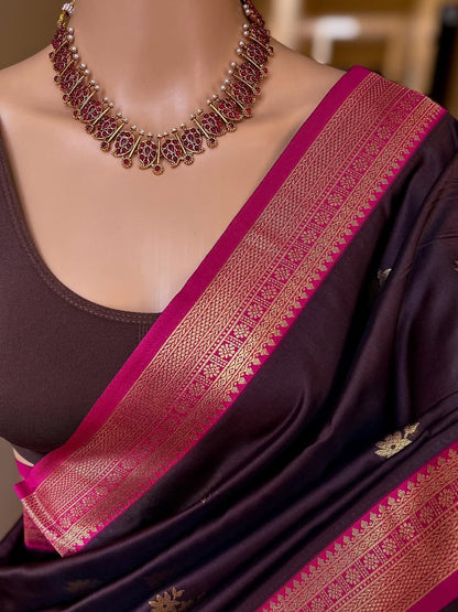 CHOCOLATE BROWN SOFT ART SILK SAREE WITH PINK ZARI BORDER