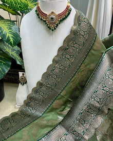 PISTA GREEN ART SILK SAREE WITH GOLDEN FLORAL ZARI BORDER