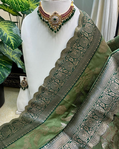 PISTA GREEN ART SILK SAREE WITH GOLDEN FLORAL ZARI BORDER