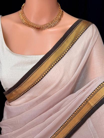 IVORY SOFT COTTON SAREE COMES WITH BLACK BORDER AND GOlDEN THREAD WORK