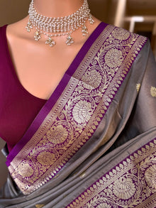 GREY ART SILK SAREE COMES WITH CONTRAST MANGENTA BORDER