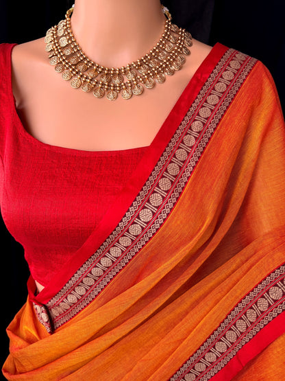 RED ORANGE SOFT COTTON SAREE WITH RED TRADITIONAL SMALL THREAD BORDER