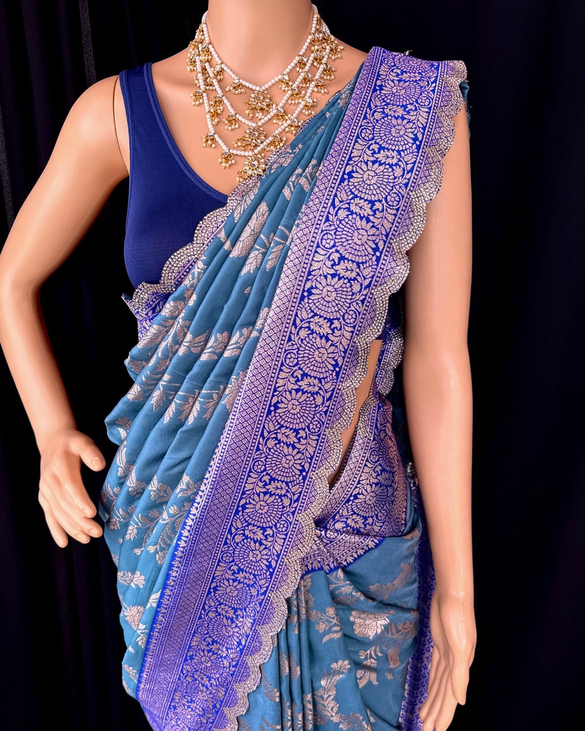 TEAL BLUE SEMI ART SILK SAREE COMES WITH GOLDES SILVER ZARI WEAVE ALL OVER SAREE