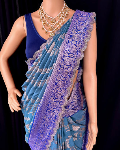TEAL BLUE SEMI ART SILK SAREE COMES WITH GOLDES SILVER ZARI WEAVE ALL OVER SAREE