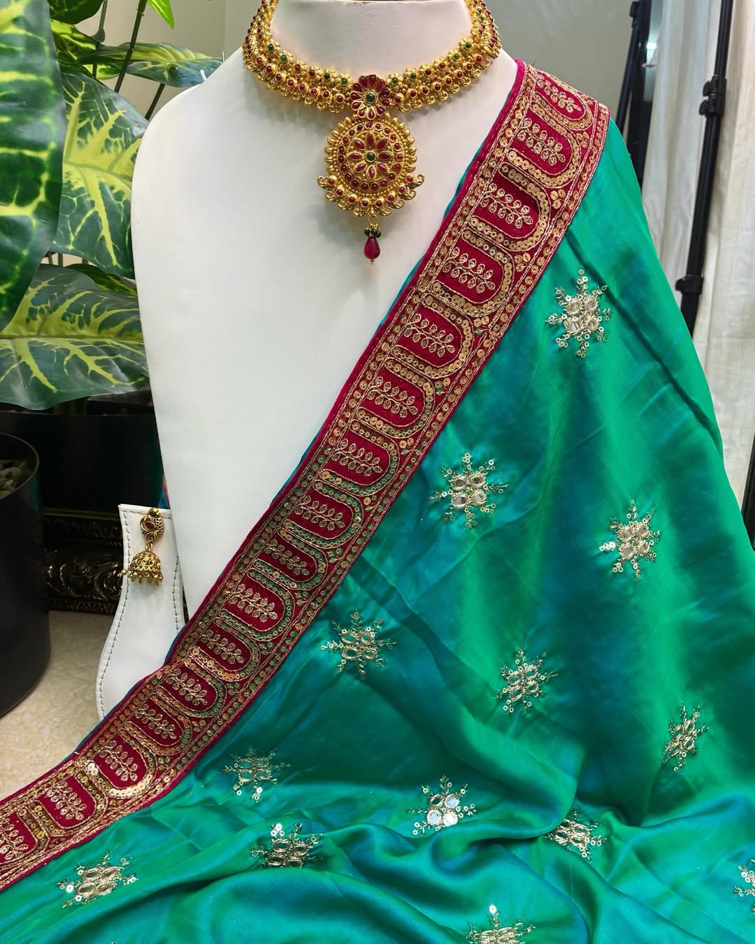 Peacock Green Malai Silk With Sequence Lace