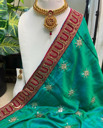 Peacock Green Malai Silk With Sequence Lace