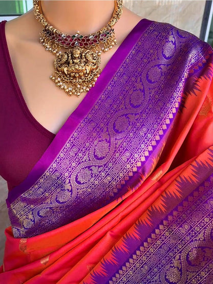 PINK ORANGE DUAL SHADE ART SILK SAREE COMES WITH PURPLE ZARI TEMPLE BORDER