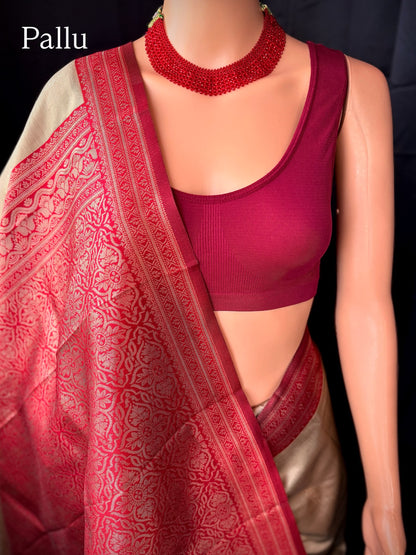 IVORY ART SILK WITH CONTRAST RED SILVER ZARI WEAVE BORDER