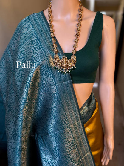 GOLDEN YELLOW ART SILK SAREE WITH SMALL BORDER GREEN ZARI WEAVE BORDER
