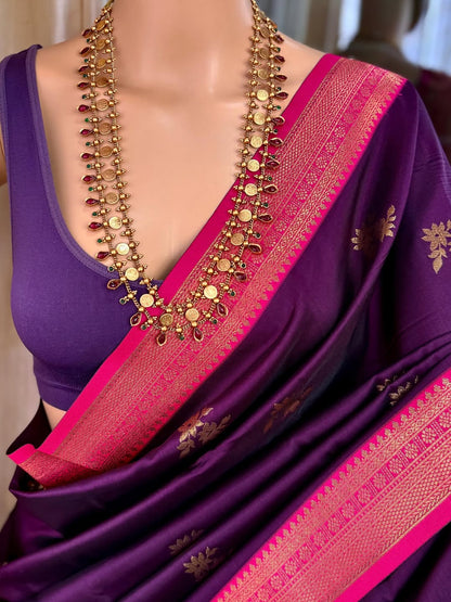 VIOLET DUAL SHADED SOFT ART SILK SAREE WITH RANI PINK ZARI WEAVE BORDER
