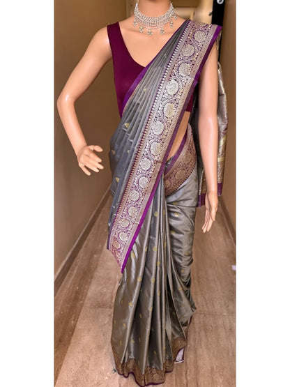 GREY ART SILK SAREE COMES WITH CONTRAST MANGENTA BORDER