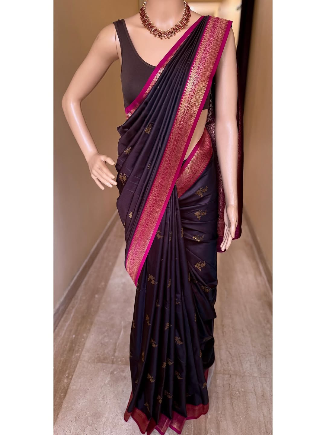 CHOCOLATE BROWN SOFT ART SILK SAREE WITH PINK ZARI BORDER