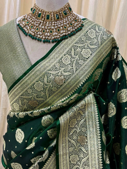 BOTTLE GREEN BANARAS SILK SAREE WITH GOLDEN ZARI WITH ARIC PALLU