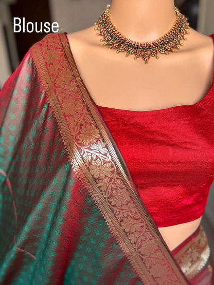 BROWN GREEN DUAL SHADE ART SILK SAREE COMES WITH SMALL BORDER