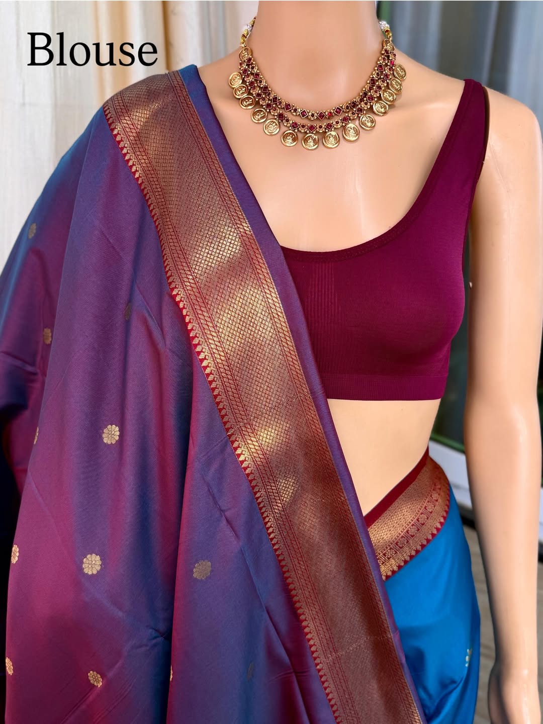 SKY BLUE DUAL SHADED SOFT ART SILK SAREE WITH MAROO ZARI BORDER