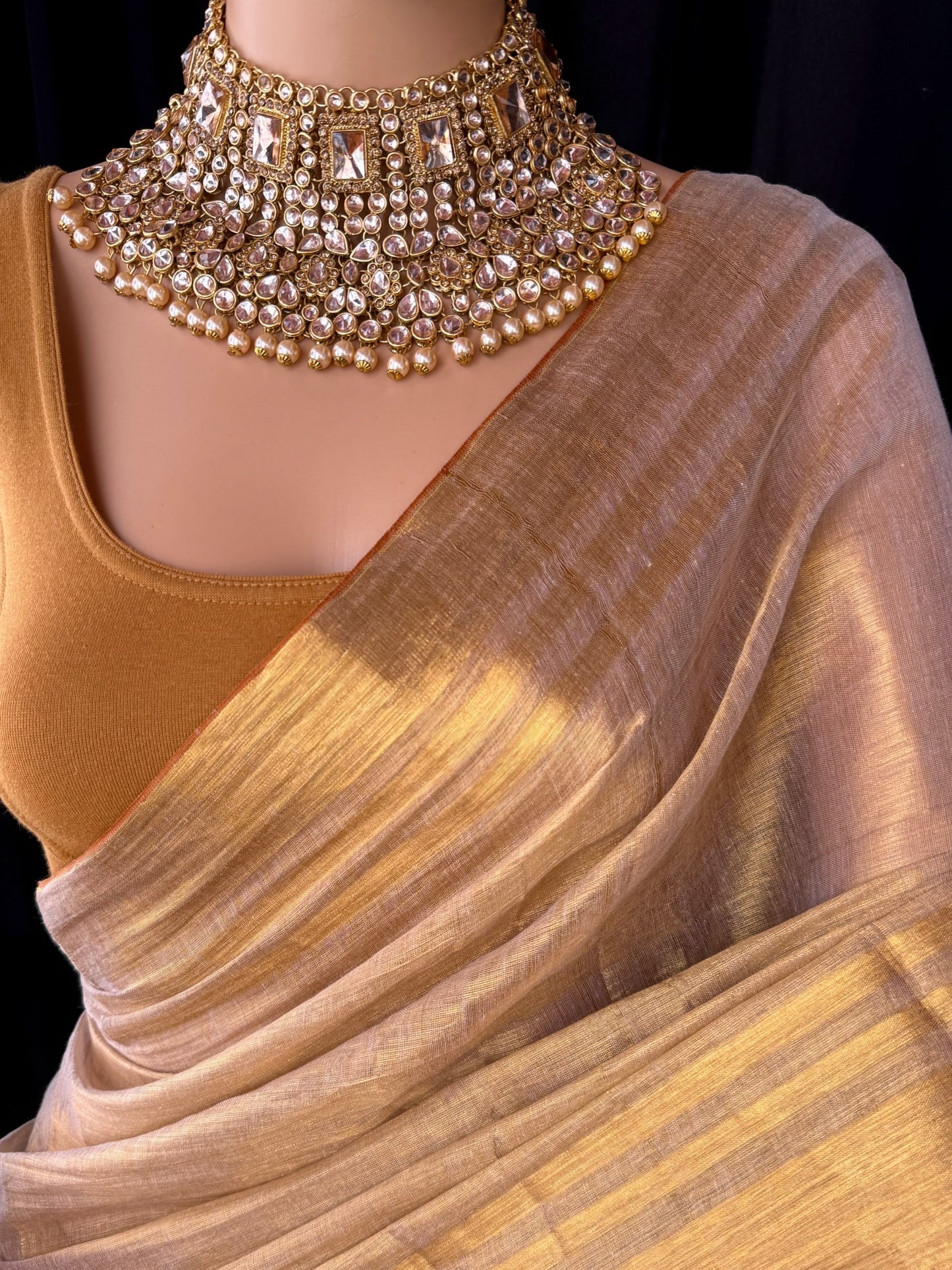 GOLDEN IVORY TISSUE COTTON SAREE WITH GO MEN ZARI WEAVE BORDER