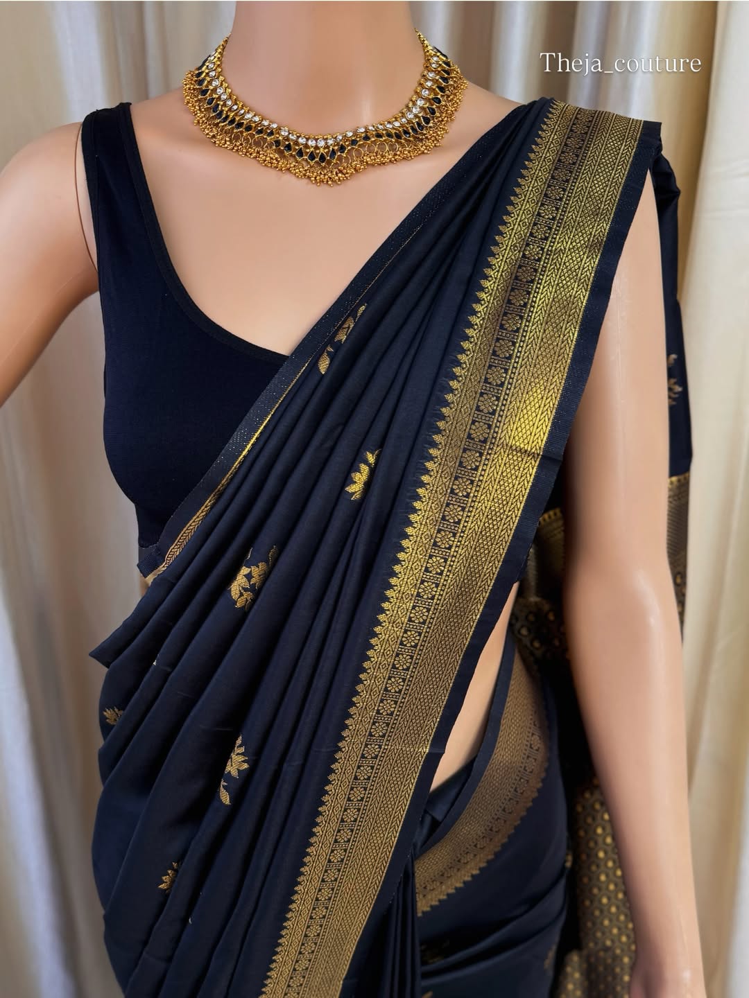 BLACK TRADITIONAL SMALL BORDER ARE SILK SAREE COMES WITH GOLDEN ZARI WEAVE BORDER