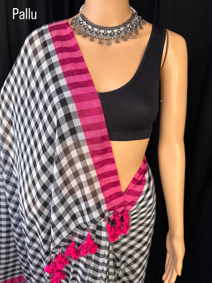 BLACK AND WHITE CHECKS SOFT MULMUL COTTON SAREE