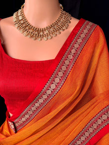RED ORANGE SOFT COTTON SAREE WITH RED TRADITIONAL SMALL THREAD BORDER