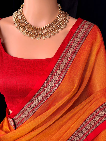 RED ORANGE SOFT COTTON SAREE WITH RED TRADITIONAL SMALL THREAD BORDER