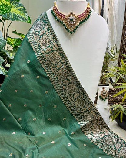 PISTA GREEN ART SILK SAREE WITH GOLDEN FLORAL ZARI BORDER