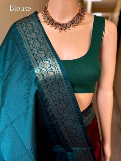 REDDISH MAROON ART SILK SAREE WITH CONTRAST TEAL BLUE SILVER ZARI WEAVE BORDER