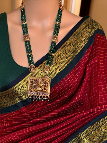 REDDISH MARRON CHECKS COTTON SILK SAREE COMES WITH GREEN BORDER