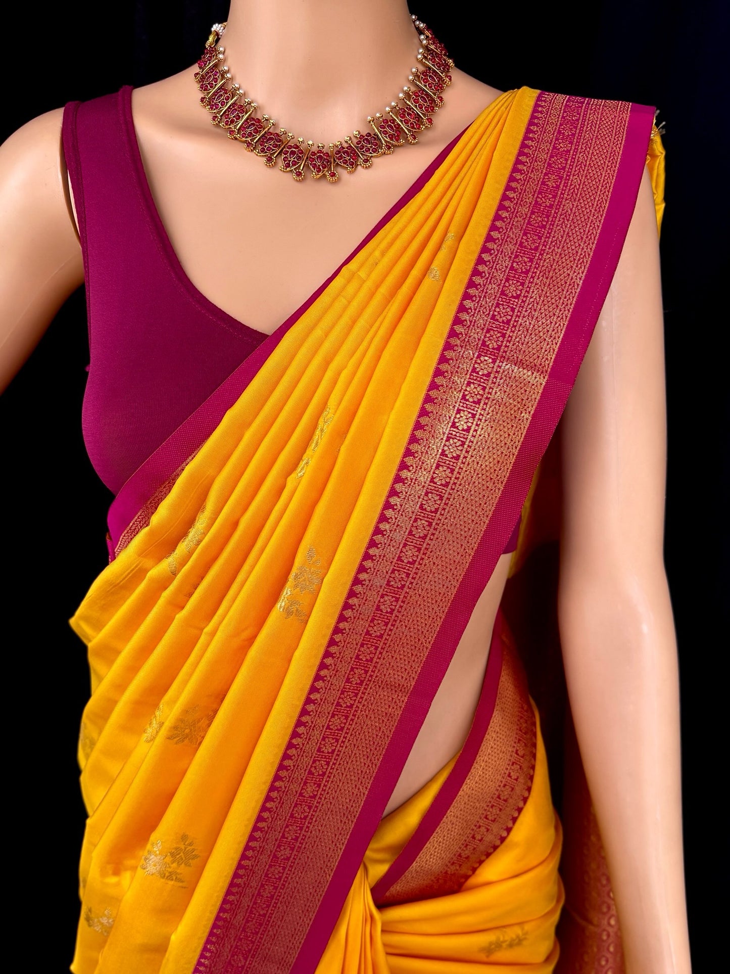 YELLOW SOFT ART SILK SAREE WITH CONTRAST RANI PINK ZARI WEAVE BORDER