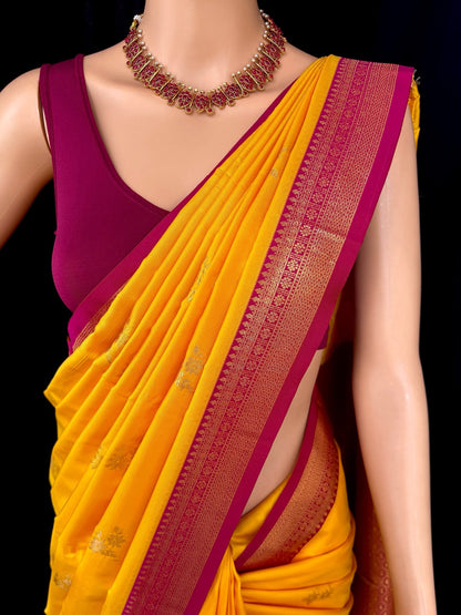 YELLOW SOFT ART SILK SAREE WITH CONTRAST RANI PINK ZARI WEAVE BORDER
