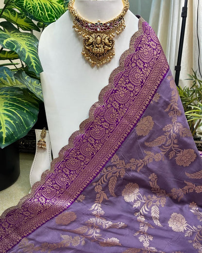 LAVENDER ART SILK SAREE WITH GOLDEN FLORAL ZARI BORDER