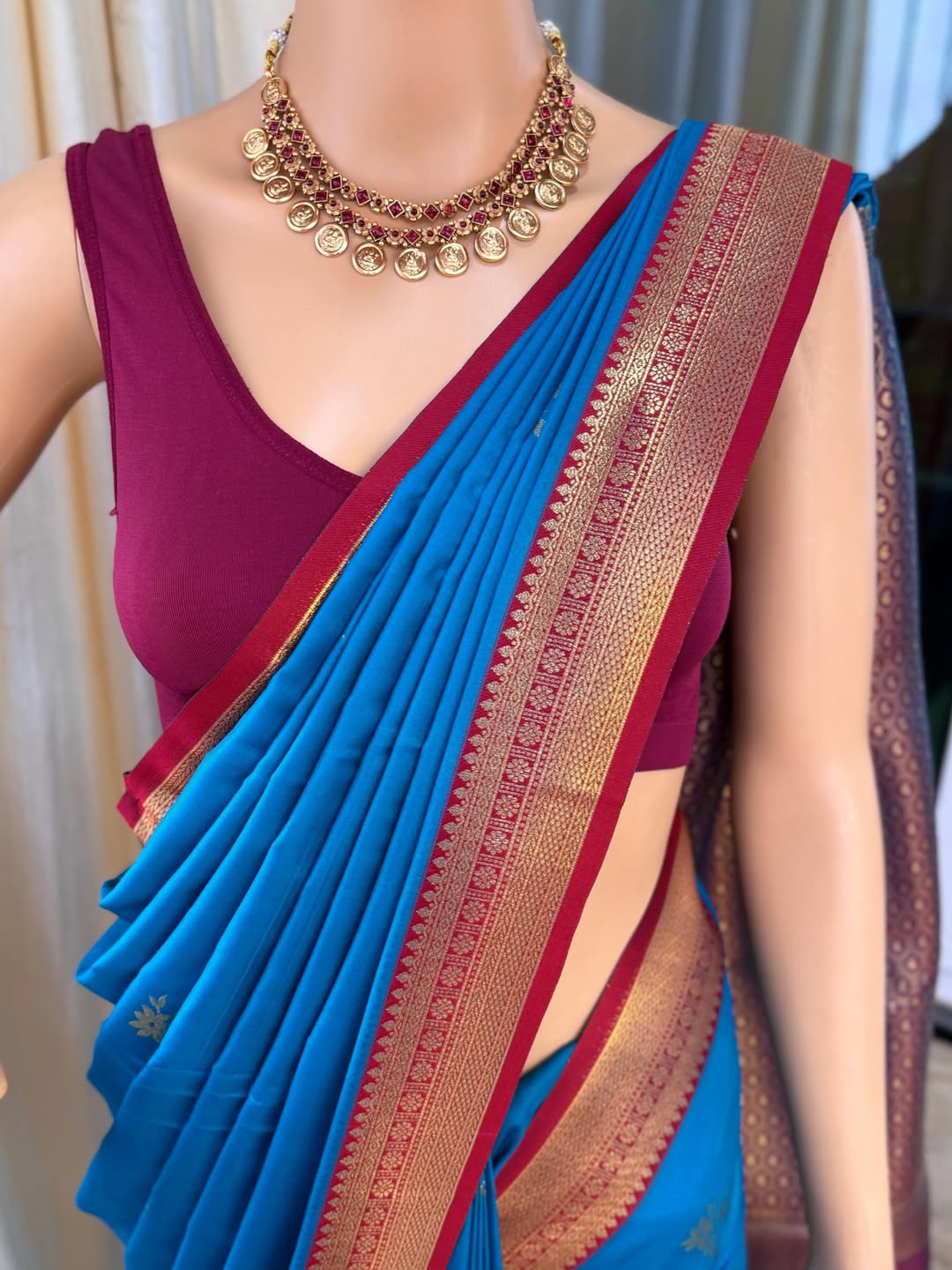 SKY BLUE DUAL SHADED SOFT ART SILK SAREE WITH MAROO ZARI BORDER