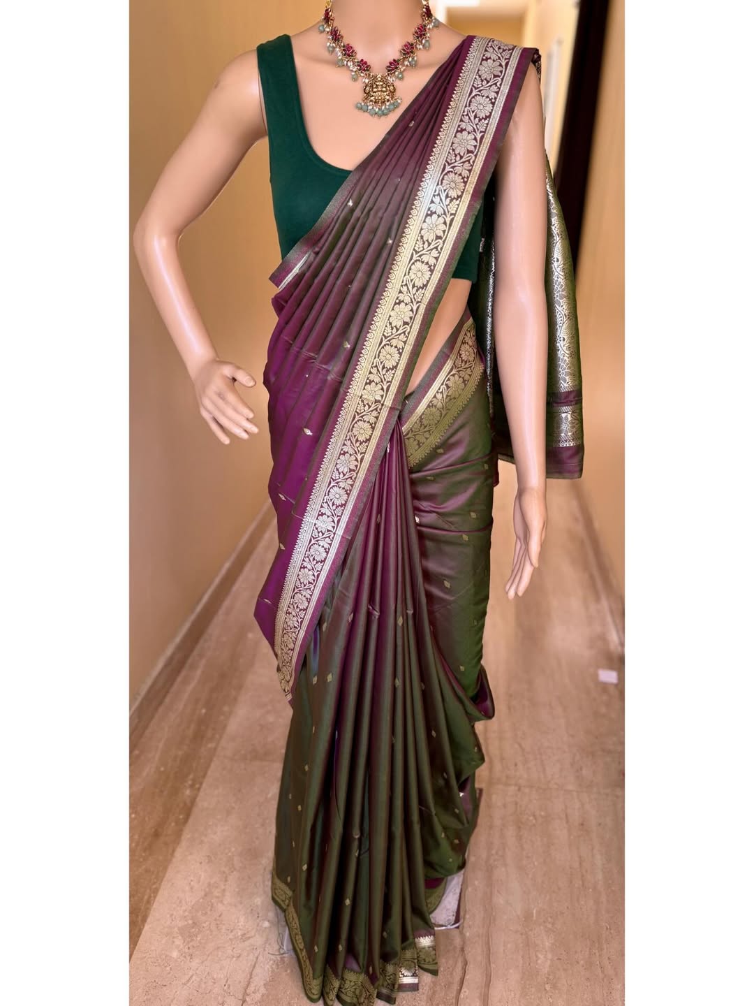 BROWN GREEN SOFT ART SILK SAREE ZARI WEAVE BORDER