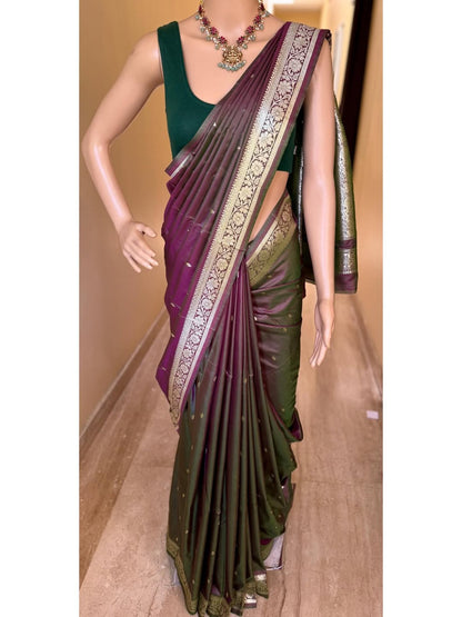 BROWN GREEN SOFT ART SILK SAREE ZARI WEAVE BORDER