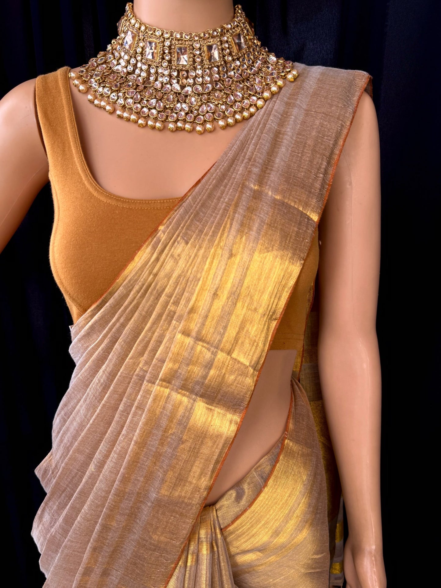 GOLDEN IVORY TISSUE COTTON SAREE WITH GO MEN ZARI WEAVE BORDER