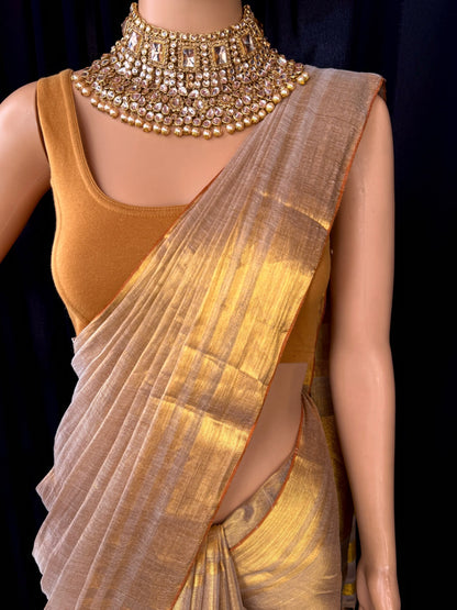 GOLDEN IVORY TISSUE COTTON SAREE WITH GO MEN ZARI WEAVE BORDER